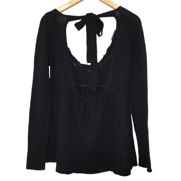 Free People Black Open Back Bow Sweater M Beaded Floral Embellished Pullover - Picture 2 of 12